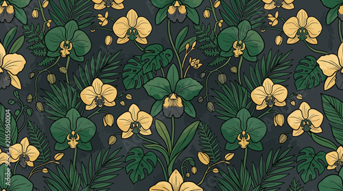 Exotic Orchid Floral Pattern: Yellow Flowers, Green Leaves, Dark Background, Tropical Design