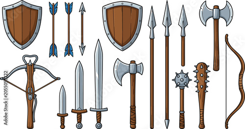 Konstfotografi Medieval weapons vector illustration set featuring wooden shields metallic sword