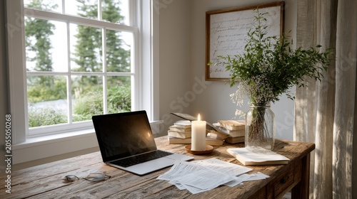 Home office has a laptop off, candle lit, and scattered papers as light hits empty walls during a power outage