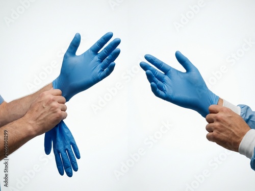 doctors blue nitrile rubber gloves white background  
