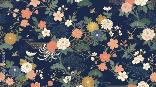 Konstfotografi Elegant Japanese floral pattern, kimono textile inspiration, delicate oriental f