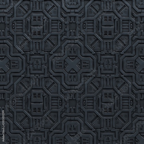 Gunmetal Industrial Greeble Panel Seamless Texture Background, Sci-Fi Mechanical Wall Pattern, Generative AI