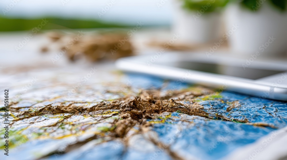 Obraz premium A cracked smartphone screen shows a map navigation app while resting on a table