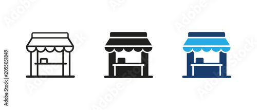 Market stall and street food kiosk vector icon set for small business, vector illustration
