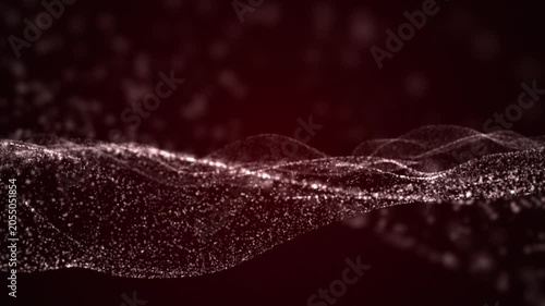A flowing wave of glowing white particles moves across a deep red background, creating a dynamic and futuristic visual