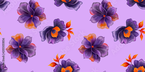Purple floral seamless pattern with watercolor flowers and orange accents. Botanical surface design for fabric, stationery, wallpaper, packaging and Halloween themed products.
