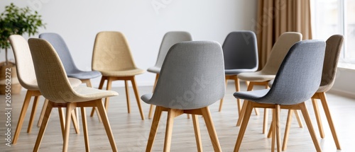 Empty chairs are arranged in a circle in a support group room, inviting conversations on healing and personal growth
