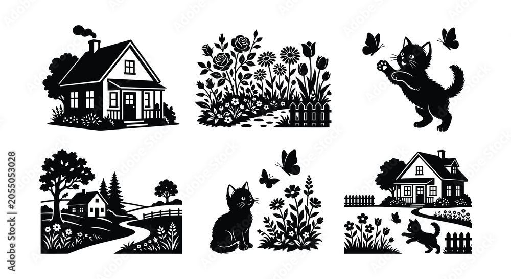 Fototapeta premium Houses Cats And Butterflies Vector Illustration With White Background