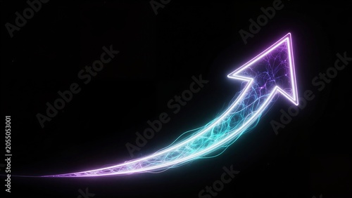 Vibrant neon arrow pulses with electric energy against a deep black background.