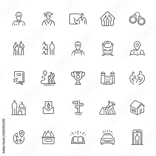 Billede på lærred Collection of diverse line art icons representing various professions and life e