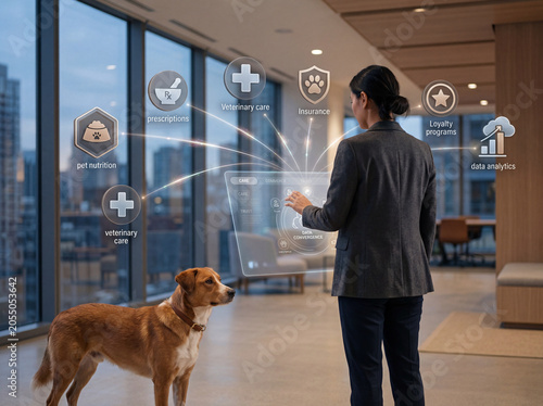 Woman managing pet care systems using transparent screen technology
