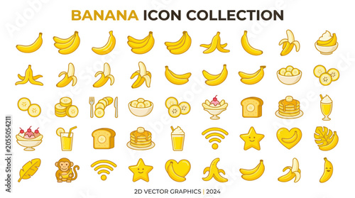 Canvas Print Banana icon set featuring fruit bunches peeled slices and desserts