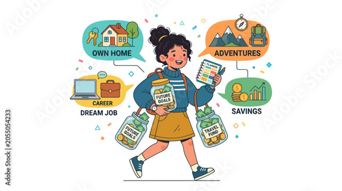 Cuadro en lienzo Young woman planning financial future with savings jars and goals