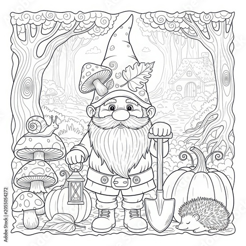 Intricate forest gnome illustration with autumn details