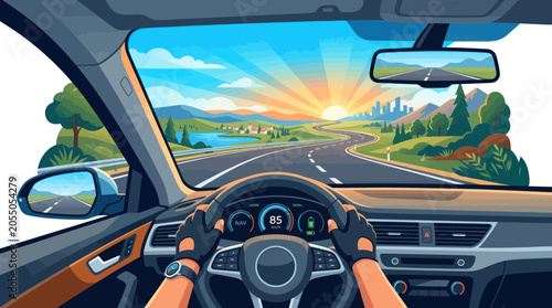 Driver pov from car interior on winding highway towards sunrise