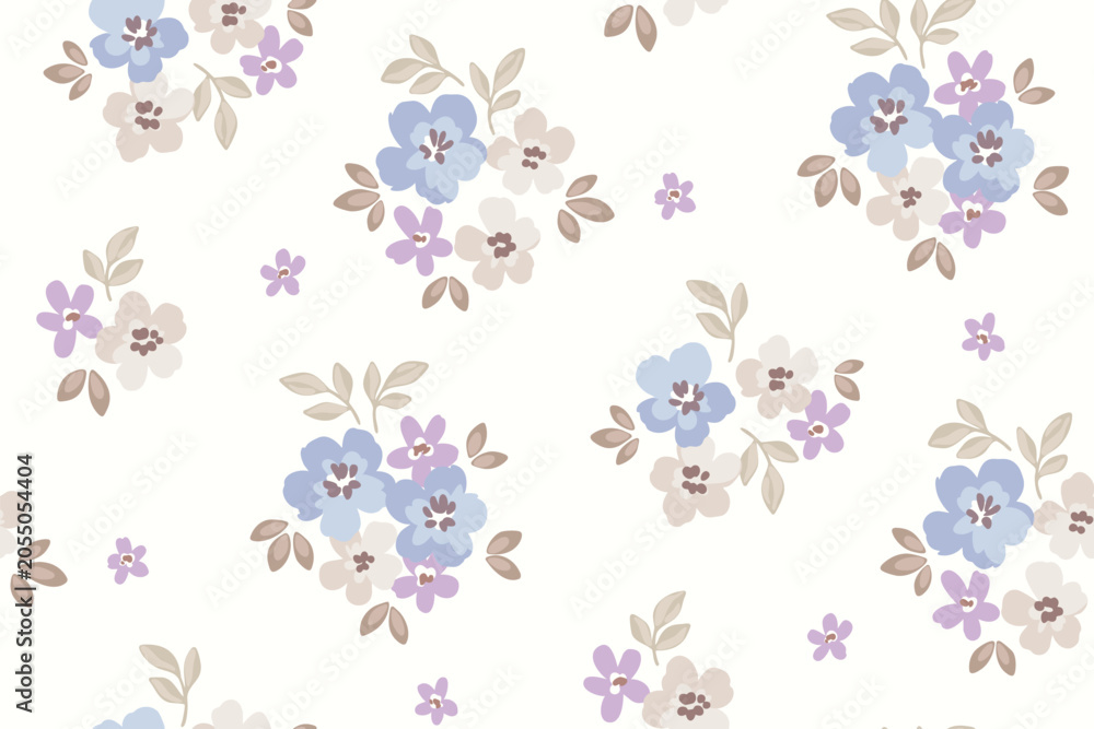 Obraz premium Seamless floral pattern, liberty ditsy print in rustic motif. Cute romantic botanical design of hand drawn watercolor flora, small flowers, tiny leaves, simple bouquets on white. Vector illustration.