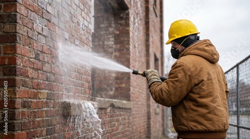 A worker wearing a yellow hard hat, respirator mask, gloves, and a hooded jacket is pressure-washing a weathered brick wall, with a visible stream of water and mist. Scaffolding surrounds the area.