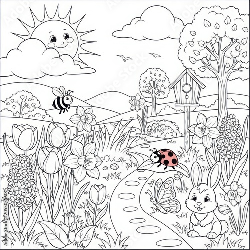 Spring garden scene coloring page for kids with bunny ladybug and flowers