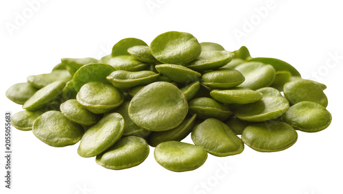 Isolated fresh green broad bean seeds pile, healthy organic shelled fava beans closeup view
