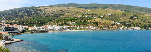 Sandy Neimporio Beach in Andros located to the left of Chora. Andros island, Cyclades, Greece