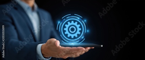 Machine learning feature activation and API connection. Workflow automation through system synchronization. Professional interacting with intelligent agent AI and tool invocation on desktop computer.