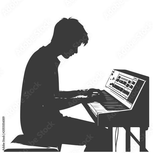 Foto Silhouette of a pianist playing a keyboard instrument, black and white sketch