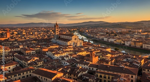 Aerial view of historic european cityscape with river and cathedral at sunset