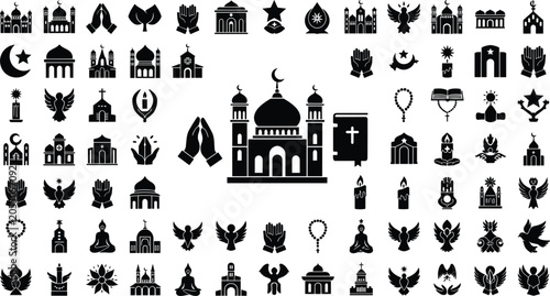 Εκτύπωση καμβά Global Religion and Spirituality Solid Black Icon Set with Mosque Church Buddha