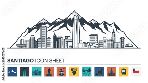 Foto Santiago Skyline with Andes Mountains, Cityscape Icons, Chile Flag