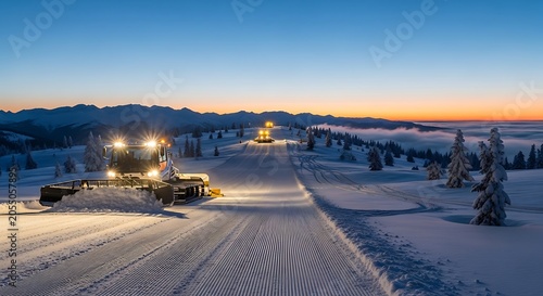 Alpine snow groomer working on ski slope at sunrise with mountain landscape