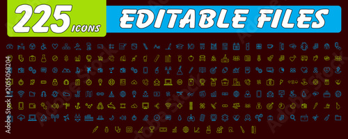 225 Editable neon line icons pack for website design and mobile applications.