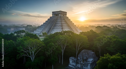 Ancient mesoamerican pyramid temple rising above lush tropical forest canopy at sunrise