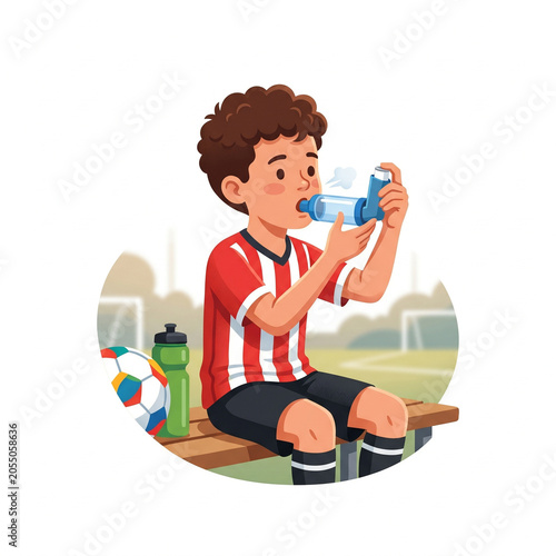 Young Soccer Player Using Asthma Inhaler with Spacer on Field Bench