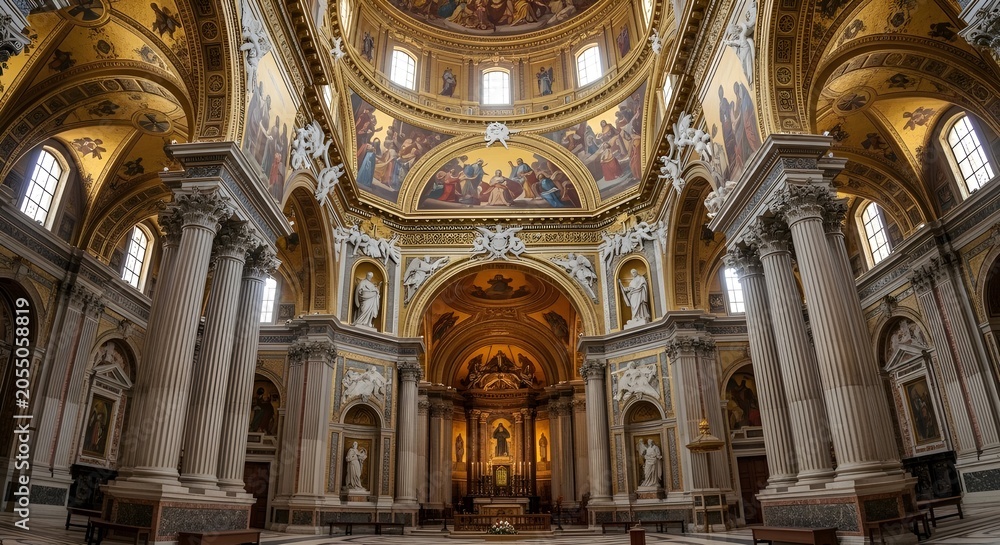 Obraz premium Ornate interior of a historic cathedral featuring golden frescoes tall marble columns and intricate religious sculptures captured in this photo