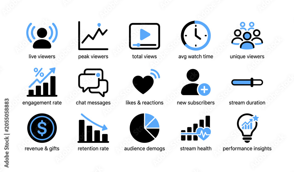 Fototapeta premium Streaming analytics icons displaying viewer and engagement data