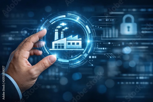 Businessman presenting futuristic factory concept with smart grid and environmental protection symbols.