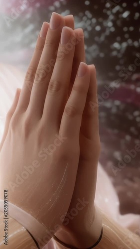 Serene woman's hands coming together in a prayer or namaste gesture, expressing faith, gratitude, and mindfulness with a soft, warm light and a peaceful, spiritual background