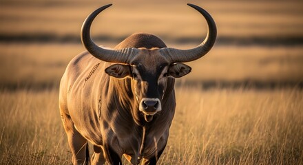 Majestic wildebeest standing in the open golden savannah field during a warm sunset in this detailed wildlife nature portrait photograph