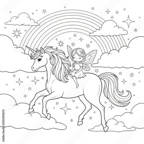 Unicorn and fairy coloring page illustration