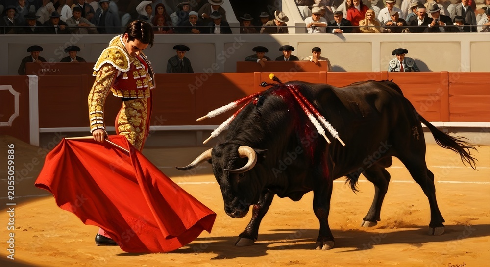 Obraz premium Professional matador performs a dangerous ritual with a powerful black bull inside a traditional spanish bullfighting arena at midday light