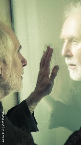 Older man with a white beard looking at his ethereal reflection in a mirror, gently touching the surface in a moment of introspection, confusion, memory loss, and self awareness