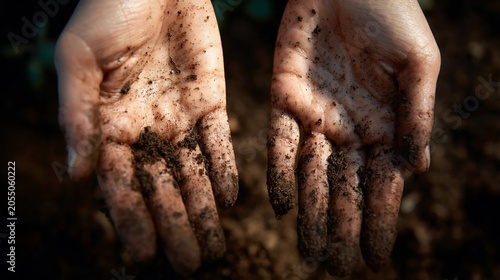 Cupped human hands covered in dark fertile soil held open against a blurry brown earth background