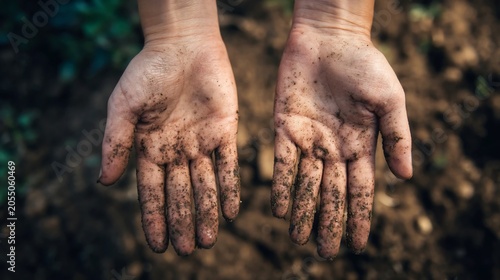 Two open human hands covered in dark fertile soil held up against a blurry brown earth background