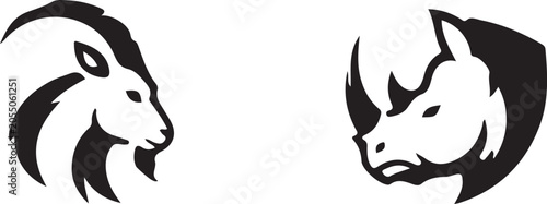 Foto Mountain Goat and Rhinoceros Silhouette Logo Set – Wild Animal Head Vector Icons