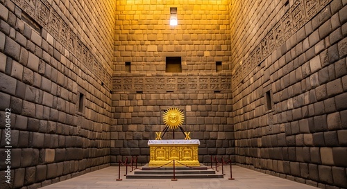 Ancient stone temple interior with golden altar and warm lighting
