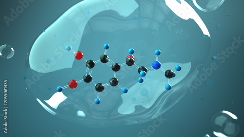 Adrenaline molecule 3D render in the bubble and liquid environment. 3d illustration.