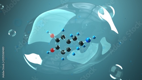 Dopamine molecule 3D render in the bubble and liquid environment. 3d illustration.