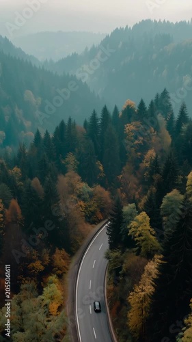 Aerial drone view of a black car driving along a winding mountain pass road, surrounded by a dense forest with beautiful autumn colors and misty layers of hills in the background