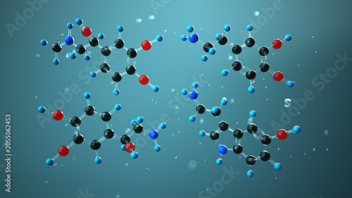 Four happiness molecules in liquid environment – serotonin, dopamine, norepinephrine and adrenaline. 3d illustration.