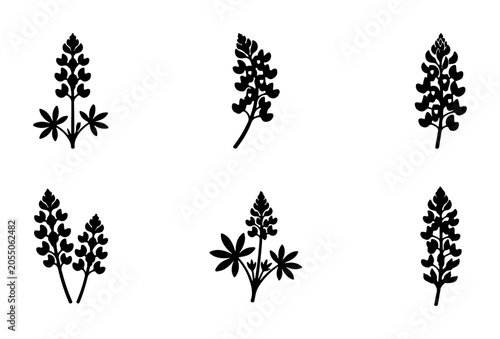 Lupine Flower Icons, Botanical Vector Graphics, Simple Floral Silhouettes